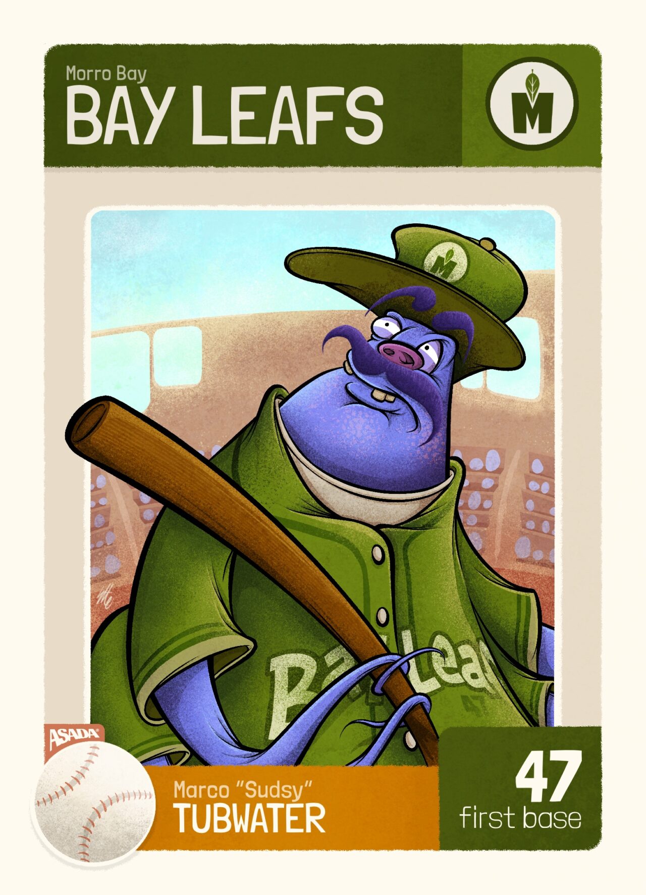 Original postcard art print design and illustration from the Bookey Baseball League Series